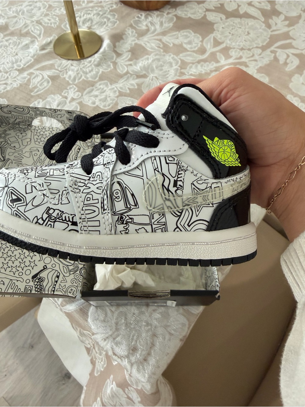 Jordan Kids' Low Sneaker in White, Black & Neon Green Accent